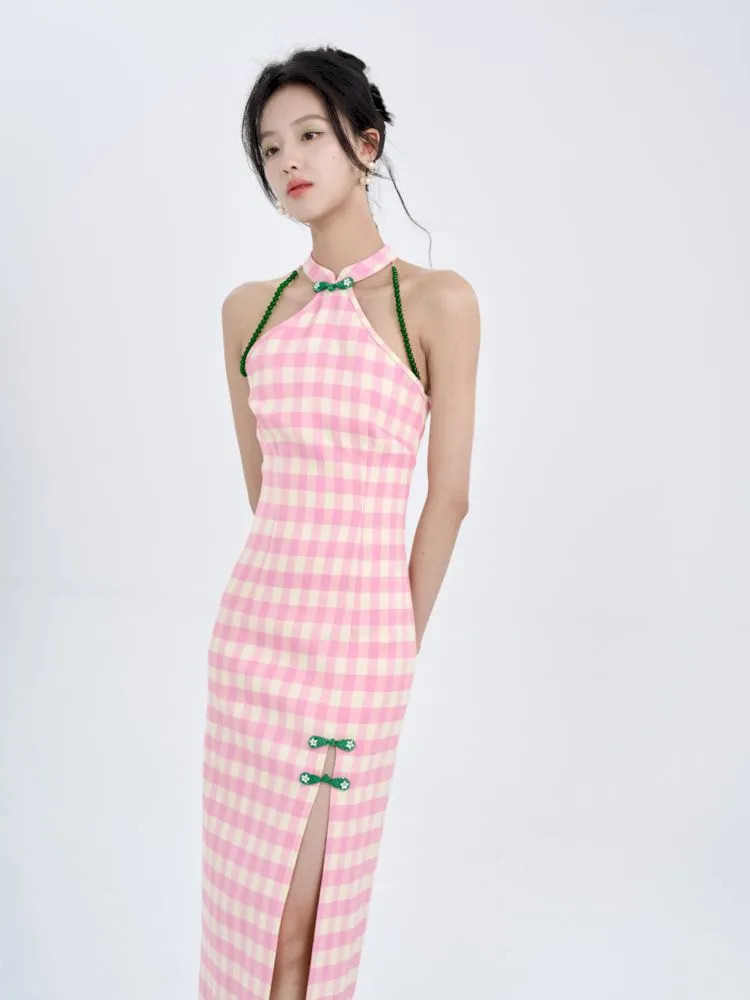 Pink Check Slim Long Cheongsam Dress【s0000008783】