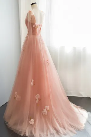 Pink Tulle Long Prom Dresses Cute A-Line Graduation Dress