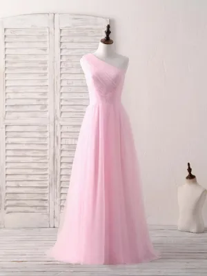 Pink Tulle One Shoulder Long Prom Dress Pink Bridesmaid Dress