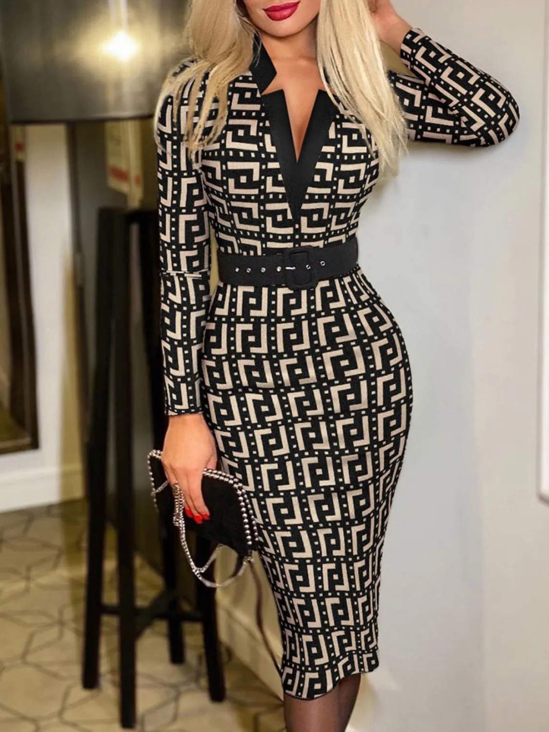 Printed Notched Long Sleeve Wrap Dress