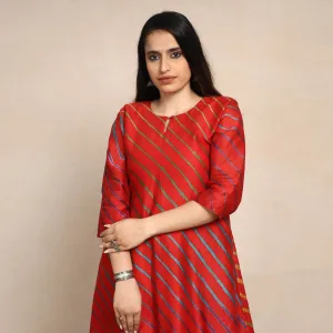 Red - Leheriya Tie-Dye Chanderi Silk A-Line Long Kurta