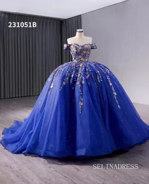 Royal Blue Applique Floral Lace Wedding Dresses Off the Shoulder Quinceanera Dress 231051B