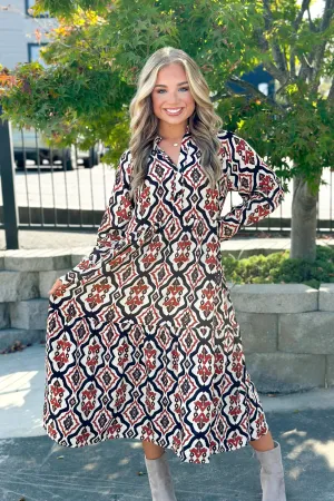 Rust Printed Button Up Long Sleeve Maxi Dress