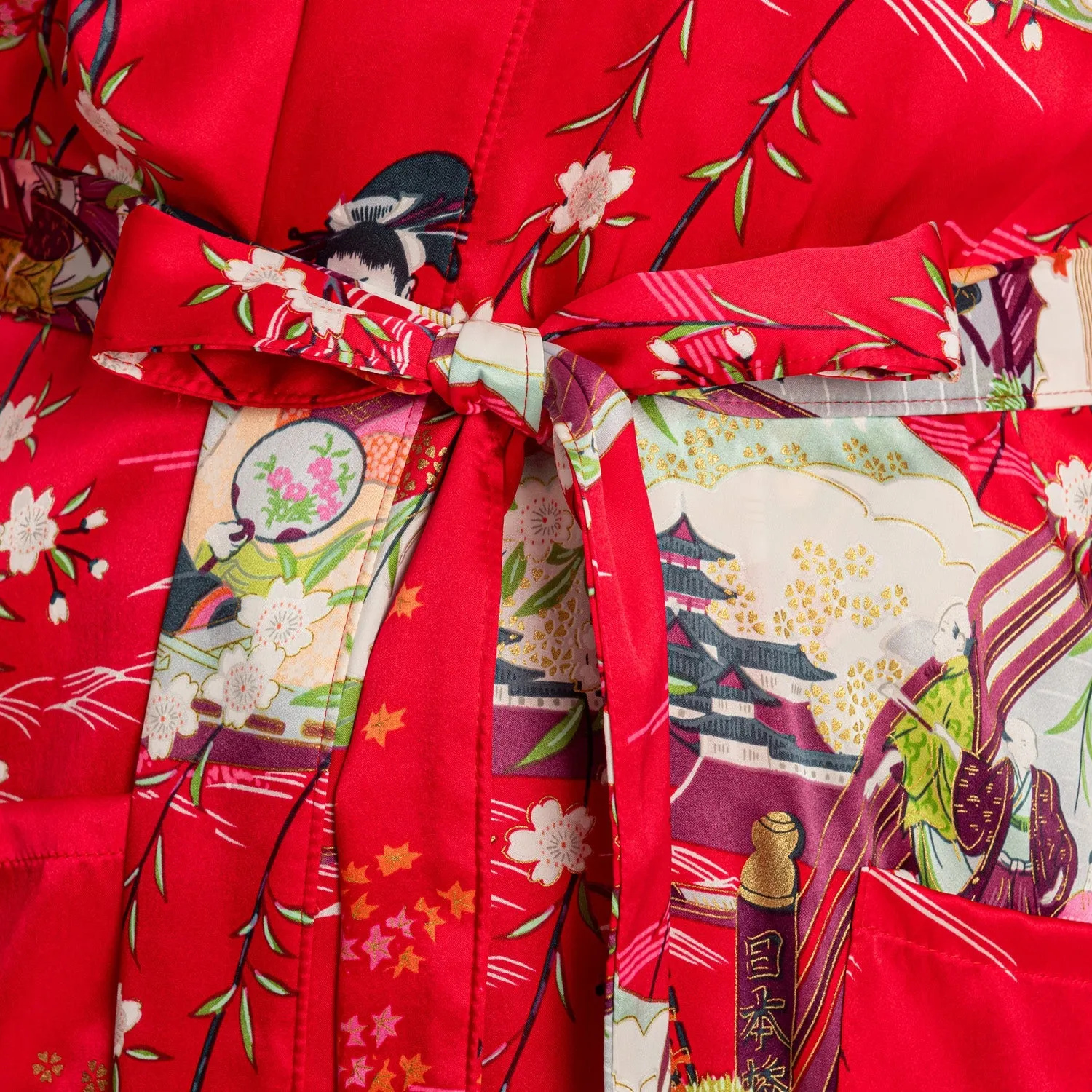 Silk Ukiyoe Print Short Red Japanese Kimono