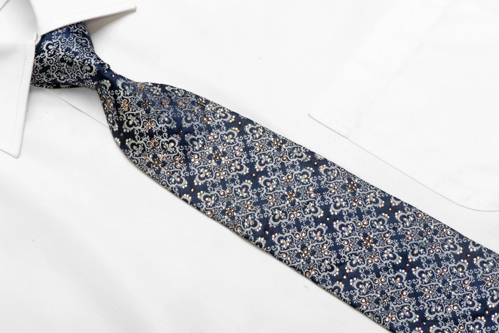 Silver Damask On Navy Rhinestone Silk Necktie