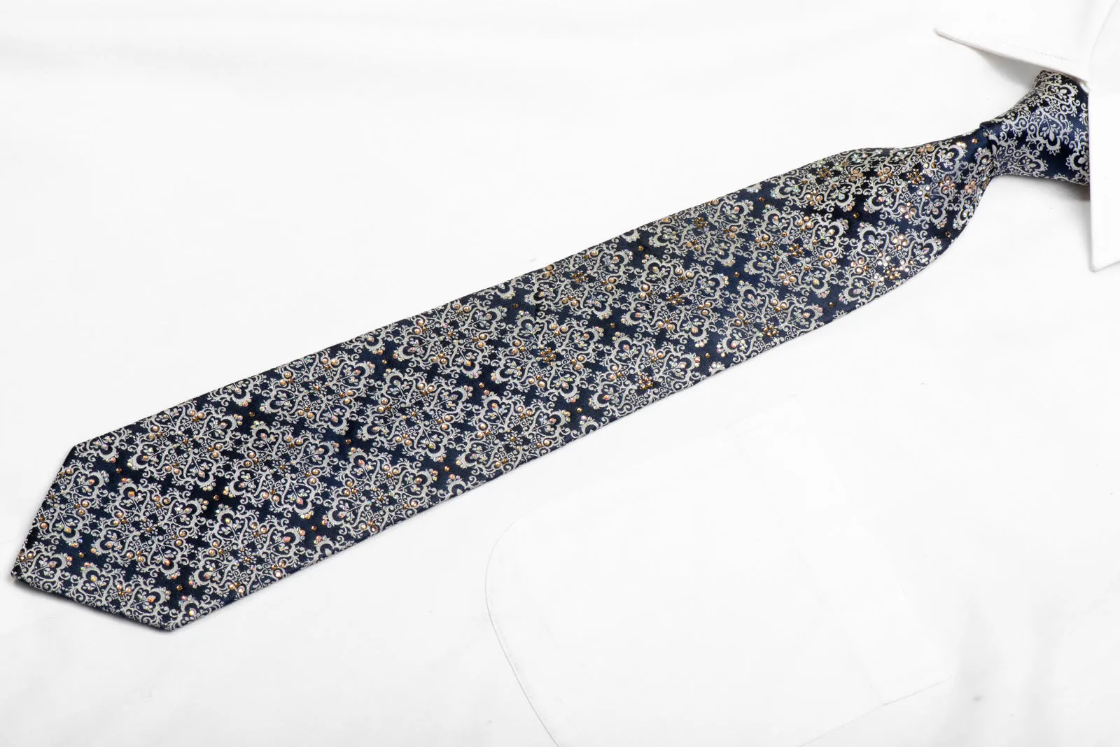 Silver Damask On Navy Rhinestone Silk Necktie