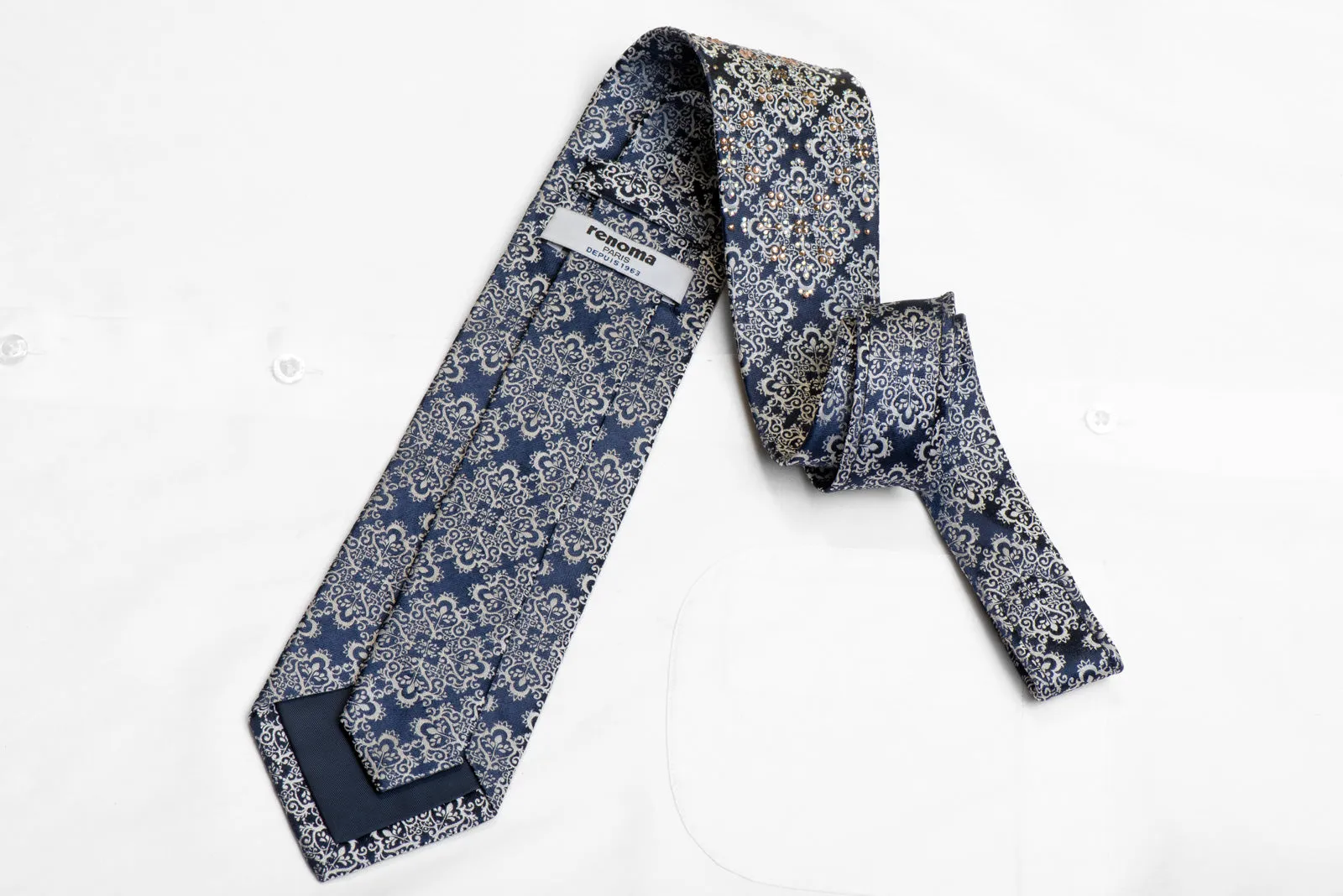 Silver Damask On Navy Rhinestone Silk Necktie