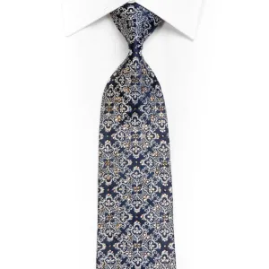 Silver Damask On Navy Rhinestone Silk Necktie