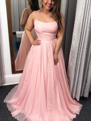 Simple Pink Tulle Long Prom Dresses, Long Pink Formal Graduation Evening Dresses