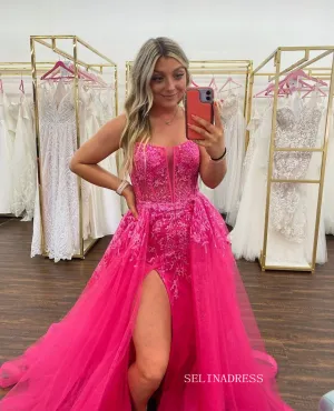 Spaghetti Straps Hot Pink Lace Long Prom Dresses With Slit #sew0700