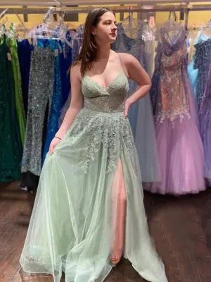 Spaghetti Straps Mint Green Long Prom Dress With Slit Appliqued Evening Dress sew1037