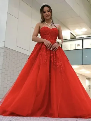 Sweetheart Neck Beaded Red Lace Long Prom Dresses, Strapless Red Formal Evening Dresses, Red Lace Ball Gown