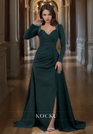 Sweetheart Sheath Prom Dress Long Sleeves Slit Pleated Satin Prom Dress with Beads Formal Gowns