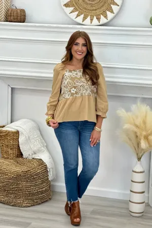 Taupe Embroidered Baby Doll Top