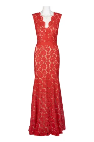 Theia Scalloped V-Neck Sleeveless Banded Waist Zipper Back Flutter Hem Floral Lace Gown