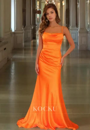 Tube Top Spaghetti Straps Sheath Sleeveless Pleated Satin Prom Dress with Train Evening Gowns