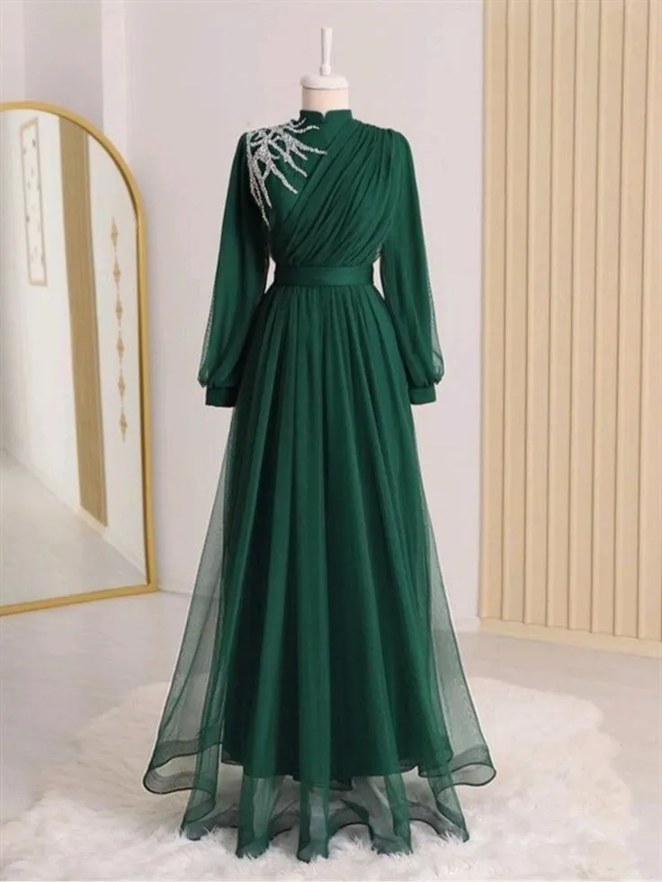 Tulle Beaded Evening Dresses Long Sleeve Formal Party Prom Gown