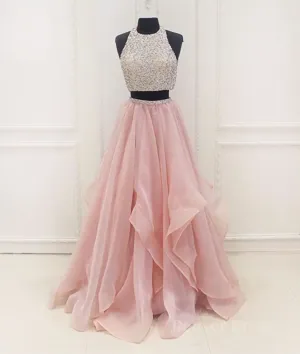 Two Pieces Round Neck Sequins Long Pink Prom Dresses Pink Evening Dresses