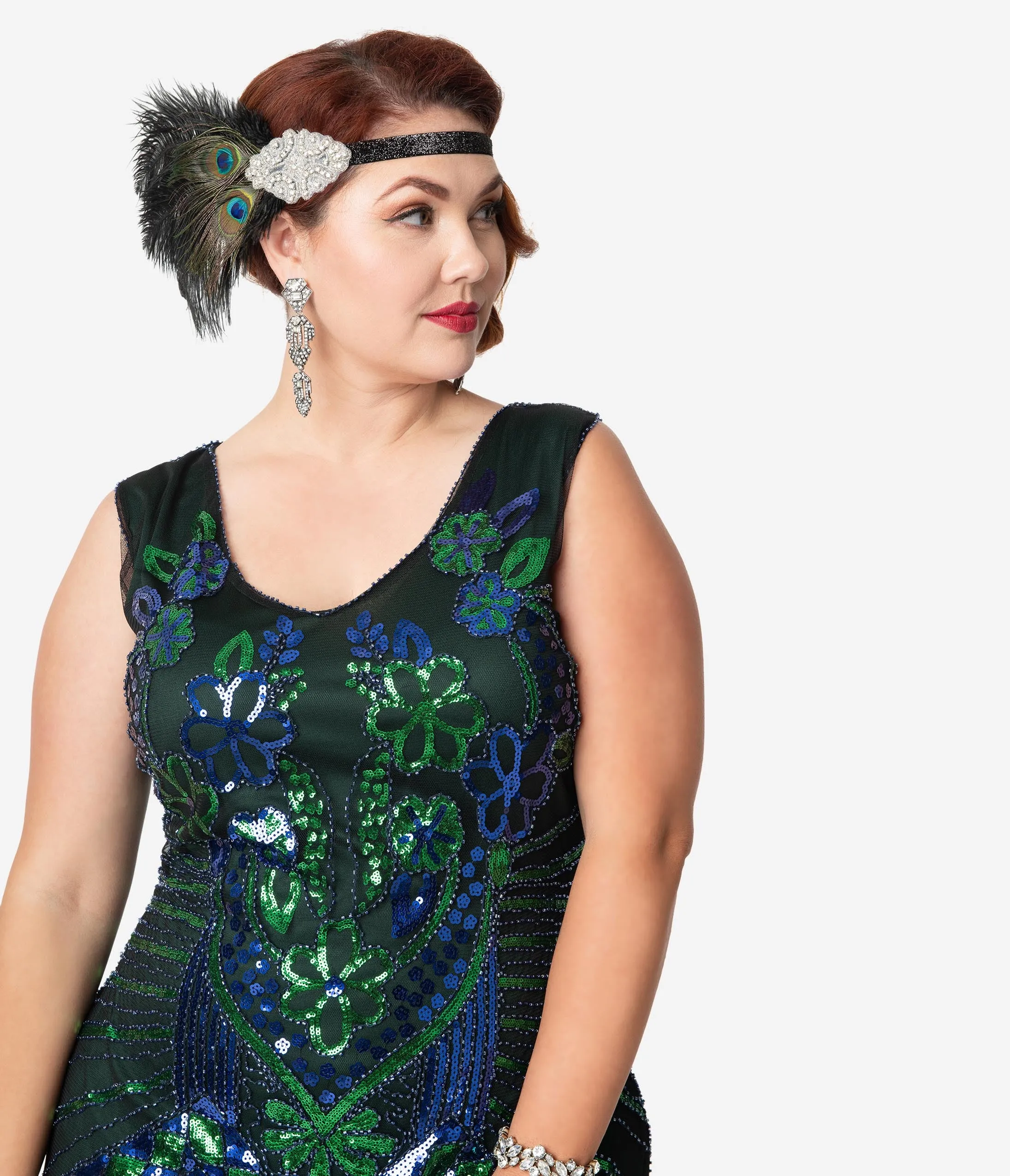 Unique Vintage Plus Size 1920s Emerald & Royal Blue Beaded Fringe Charvelle Flapper Dress