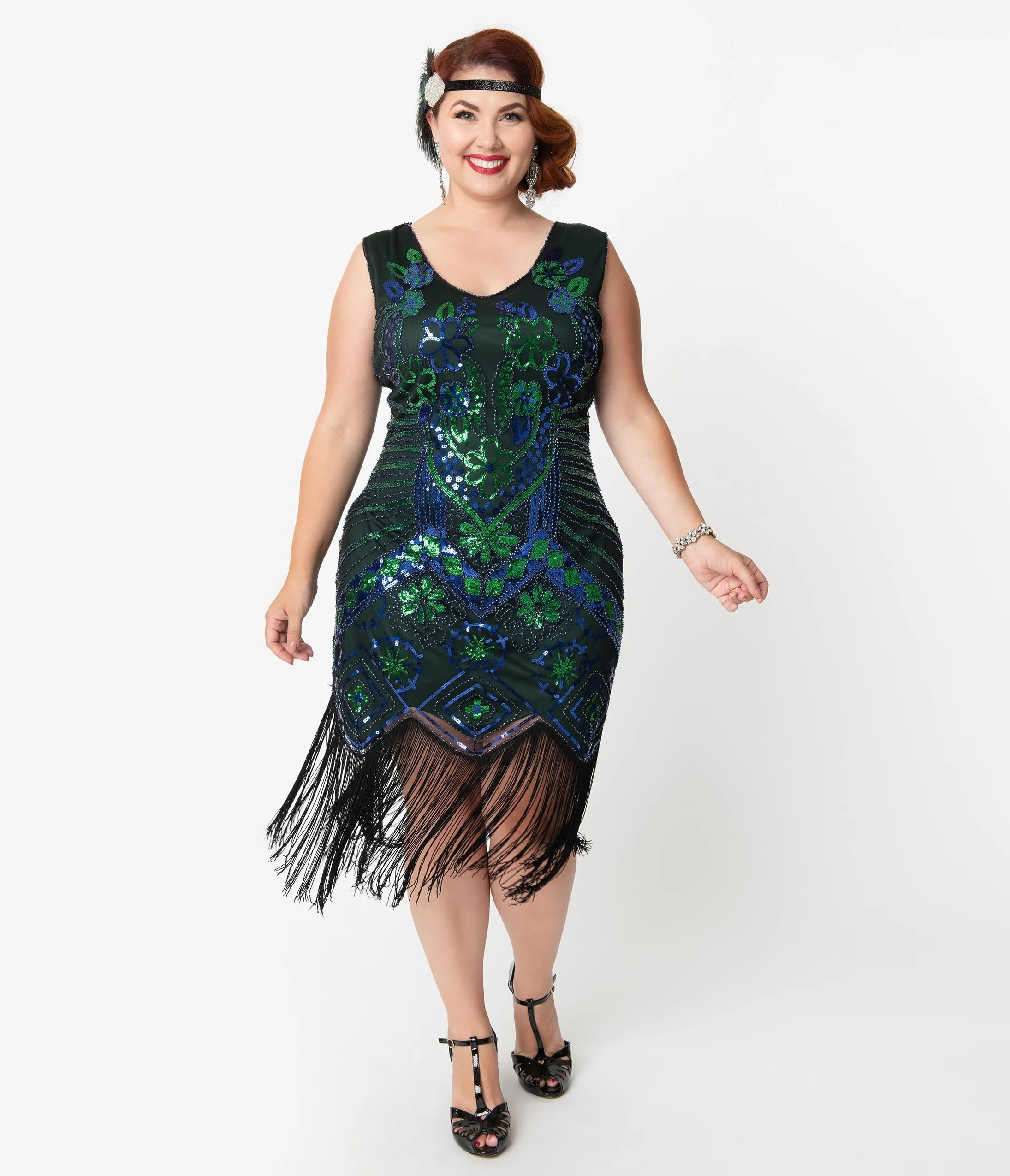 Unique Vintage Plus Size 1920s Emerald & Royal Blue Beaded Fringe Charvelle Flapper Dress