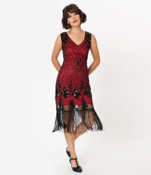 Unique Vintage Red & Black Sequin Lina Fringe Flapper Dress