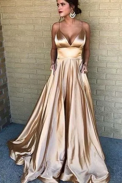 V-neckline Prom Long Party Dress with Spaghetti Straps,Prom Dresses