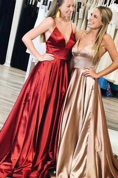 V-neckline Prom Long Party Dress with Spaghetti Straps,Prom Dresses