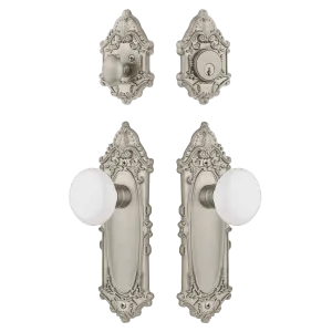 Victorian Entry Set with White Porcelain Knob in Satin Nickel