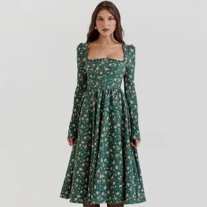 Vintage Floral Printed Puff Sleeve Garden Party Midi Dress - Emerald Green