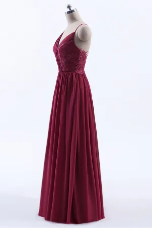 Wine Red Chiffon A-line Long Pleated Bridesmaid Dress