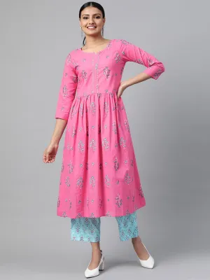 Women Pink Three-Quarter Sleeves Flared Kurta With Palazzo