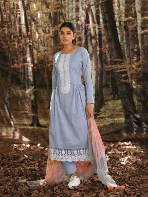 Women Unstitched Lawn Cotton Blue Suit Dress Material with Embroidery