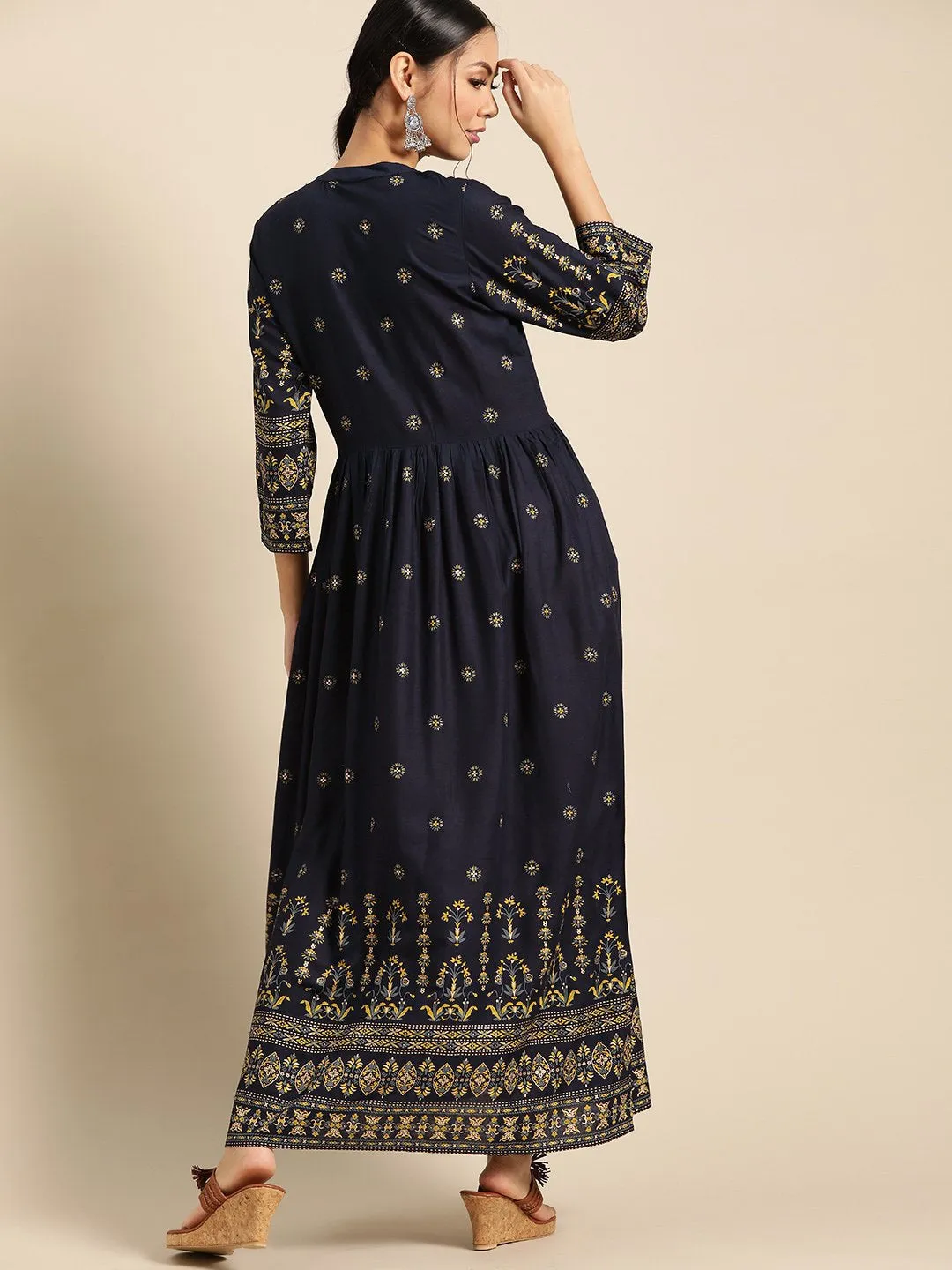 Womens Navy Blue & Gold Ethinic Printed Dress With Mandarin Collar & Three Quarter Sleeves