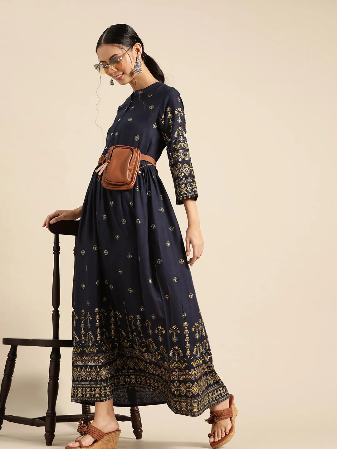 Womens Navy Blue & Gold Ethinic Printed Dress With Mandarin Collar & Three Quarter Sleeves